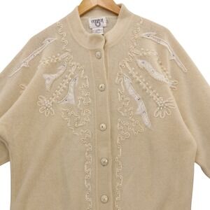 vtg Cervelle Lambswool Angora Cardigan‎ Beaded Rhinestone Ribbon Embellished L